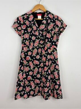 Vintage Dress Womens 6 Black Pink Daisy Floral Short Sleeve Wrap Chiffon 90s Y2K